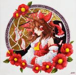  1girl acrylic_paint_(medium) ascot bare_shoulders bow brown_hair camellia_(flower) circle detached_sleeves expressionless flower hair_bow hair_tubes hakurei_reimu half_updo hands_in_sleeves johnalay nontraditional_miko profile realistic red_bow red_vest short_hair signature solo torii touhou traditional_media yin_yang 