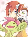  1girl aiba_ami artist_request blue_eyes closed_eyes dated digimon digimon_story:_cyber_sleuth fang gomamon green_eyes highres palmon redhead shirt short_sidetail smile t-shirt 