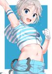  1girl anastasia_(idolmaster) arm_up armband blue_eyes blush commentary_request crop_top gloves idolmaster idolmaster_cinderella_girls looking_at_viewer navel open_mouth pettan_p short_hair silver_hair smile solo striped_clothes sweat white_gloves 
