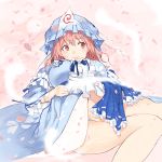  160_(pixiv6343157) 1girl blue_dress breasts cherry_blossoms dress ghost hat hitodama japanese_clothes kimono large_breasts long_sleeves looking_to_the_side mob_cap obi petals pink_eyes pink_hair saigyouji_yuyuko sash short_hair solo touhou triangular_headpiece wide_sleeves 