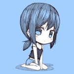  1girl alternate_costume bare_shoulders barefoot blue_background chibi commentary_request fubuki_(kantai_collection) kantai_collection kouji_(campus_life) monochrome off_shoulder ponytail short_hair short_ponytail sketch solo 