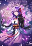  1girl asymmetrical_clothes bow breasts cherry_blossoms cleavage cowboy_shot dress fate/grand_order fate_(series) hair_bow imaginary_around looking_at_viewer matou_sakura object_namesake parnasso petals purple_dress purple_hair red_bow short_hair smile solo twitter_username violet_eyes 