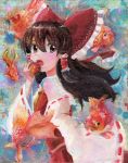  1girl animal apple bow brown_eyes brown_hair detached_sleeves fish food from_side fruit goldfish hair_between_eyes hair_tubes hakurei_reimu harikona looking_back oil_painting_(medium) open_mouth red_bow solo touhou traditional_media wide_sleeves 