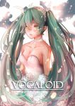  1girl bare_shoulders character_name choker copyright_name dress flower green_eyes green_hair hatsune_miku lips long_hair looking_at_viewer mouyijun rose solo twintails very_long_hair vocaloid wedding_dress white_rose 