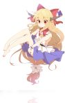  1girl aoi_(annbi) bare_arms bare_legs bare_shoulders barefoot blonde_hair bow hair_bow highres horn_ribbon horns ibuki_suika long_hair looking_at_viewer low-tied_long_hair oni_horns red_eyes ribbon shirt skirt sleeveless sleeveless_shirt solo touhou very_long_hair wrist_cuffs 