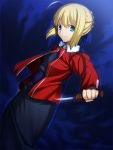  1girl ahoge blonde_hair blue_background blue_bow blue_dress bow braid cowboy_shot dagger dress fate/stay_night fate_(series) french_braid green_eyes hair_bow highres jacket looking_at_viewer ryougi_shiki_(cosplay) saber short_hair skylader smile solo weapon 