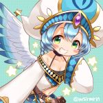  1girl angel_wings belt belt_pouch blue_hair blush braid breasts cleavage famiel_(p&amp;d) gem green_eyes grin marshmallow_mille navel off_shoulder puzzle_&amp;_dragons sleeves_past_wrists smile solo star turban twitter_username wide_sleeves wings 