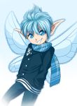  1boy berserk blue_eyes blue_hair blue_scarf contemporary elf eyelashes hands_in_pockets highres male_focus pointy_ears puck scarf smile solo spectragenesis wings 