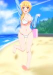  1girl absurdres barefoot beach bikini blonde_hair blush breasts ellen_baker green_eyes highres large_breasts long_hair new_horizon open_mouth ponytail scrunchie shirouzu_myuuta smile soles solo swimsuit teacher 