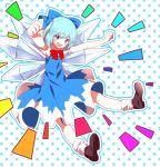  1girl :d blue_dress blue_eyes blue_hair bow bowtie cirno clenched_hands dress hair_bow highres ice ice_wings open_mouth outline outstretched_arms polka_dot polka_dot_background puffy_short_sleeves puffy_sleeves rainbow_order red_bow red_bowtie rie-co shoes short_hair short_sleeves smile socks solo touhou wings 