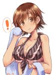  ! 1girl bikini bikini_top blush braid breasts brown_bikini brown_hair cleavage closed_mouth collarbone dripping drying drying_hair earrings frilled_bikini frills holding honda_mio idolmaster idolmaster_cinderella_girls jewelry large_breasts looking_at_viewer paopao short_hair side_braid simple_background solo speech_bubble spoken_exclamation_mark star star_earrings striped swimsuit upper_body vertical-striped_bikini vertical_stripes wet_hair white_background 