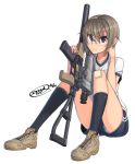  1girl artist_name blonde_hair blue_eyes collarbone dreadtie glasses gun gym_uniform highres looking_at_viewer plaster rifle rimless_glasses short_hair simple_background sitting socks solo weapon white_background 