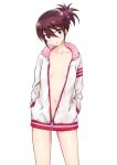  1girl brown_eyes brown_hair collarbone hair_ornament hair_scrunchie hands_in_pockets head_tilt looking_at_viewer maeda_risou naked_coat navel open_clothes original scrunchie short_ponytail simple_background solo standing white_background 