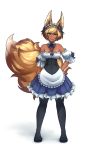  1girl animal_ears bare_shoulders black_legwear blonde_hair breasts dark_skin detached_collar detached_sleeves dress fox_ears fox_tail full_body green_eyes hand_on_hip headdress highres looking_at_viewer monorus original puffy_short_sleeves puffy_sleeves shoes short_hair short_sleeves simple_background slit_pupils smile solo tail white_background 
