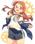 1girl bangs blue_jacket blue_shorts blunt_bangs blush breasts buttons character_name cowboy_shot emblem gears girls_und_panzer glasses gym_shirt gym_shorts gym_uniform jacket long_hair long_sleeves looking_at_viewer looking_to_the_side navel off_shoulder ooarai_(emblem) ooarai_military_uniform open_clothes open_jacket open_mouth orange_eyes orange_hair pairan red-framed_eyewear semi-rimless_eyewear shirt short_shorts short_sleeves shorts small_breasts smile solo standing takebe_saori under-rim_eyewear white_background white_shirt wind 