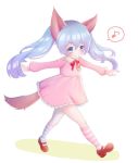 1girl animal_ears blue_eyes blue_hair dog_ears dress elin_(tera) kneehighs long_hair mary_janes musical_note outstretched_arms pink_dress shoes smile solo spoken_musical_note striped striped_legwear tail tera_online twintails walking white_background 