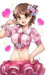  :d artist_name blush breasts brown_eyes brown_hair buttons collared_shirt cowboy_shot crop_top eyebrows eyebrows_visible_through_hair hand_on_hip hand_up heart honda_mio hug idolmaster idolmaster_cinderella_girls large_breasts layered_skirt midriff navel nose_blush one_side_up open_mouth paopao pink_shirt pink_skirt puffy_short_sleeves puffy_sleeves shiny shiny_skin shirt short_hair short_sleeves simple_background skirt smile stomach sweat sweatdrop trembling v wavy_mouth white_background wristband 