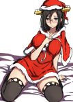  1girl black_hair breasts glasses grey_eyes hand_on_own_chest hat highres kantai_collection kirishima_(kantai_collection) santa_costume santa_hat sblack sitting solo wariza 