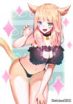  1girl animal_ears blonde_hair blue_eyes blush breasts cat_ears cat_lingerie cat_tail choker cleavage cleavage_cutout facial_mark fangs final_fantasy final_fantasy_xiv green_eyes heterochromia highres large_breasts leaning_forward long_hair looking_at_viewer miqo&#039;te naeun_(pinky1866) navel open_mouth simple_background smile solo tail twitter_username 