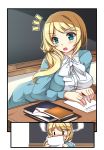  1girl blonde_hair blue_jacket blush board book breast_press breasts commentary_request ellen_baker green_eyes hair_over_shoulder hair_ribbon hand_on_table highres jacket long_hair long_sleeves new_horizon open_mouth photo_(object) ribbon sheita solo upper_body 