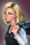  1girl android_18 artist_request blonde_hair blue_eyes breasts cleavage dragon_ball dragon_ball_z short_hair solo 