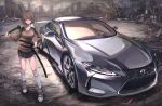  1girl brown_eyes brown_hair car cardigan highres katana lexus lexus_lc long_sleeves miniskirt motor_vehicle original pleated_skirt ruins school_uniform shirt skirt solo sword terabyte_(rook777) vehicle weapon 