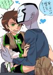  2boys alien ben_10 ben_10:_omniverse benjamin_kirby_tennyson blue_skin blush brown_hair green_eyes heart hood hooded_jacket jacket male_focus multiple_boys open_mouth panta_(sbs) pants_down pointy_ears rook_blonko short_hair sitting sitting_on_lap sitting_on_person smile translation_request undressing yaoi 