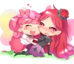  2girls :d blush blush_stickers bow character_request cheek-to-cheek chibi closed_eyes copyright_request earrings fairy fairy_wings flower gacchu hair_bow hair_flower hair_ornament hand_on_own_chest heart heart_earrings highres jewelry lip_(fairylu) long_hair looking_at_another multiple_girls open_mouth outstretched_arms pink_hair pointy_ears ponytail redhead rilu_rilu_fairylu rose_(fairylu) simple_background smile wings yuri 