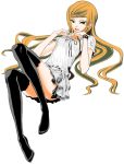  1girl alternate_costume ben_10 ben_10:_alien_force black_legwear dress green_eyes gwendolyn_tennyson long_hair lying open_mouth orange_hair say_show smile solo thigh-highs white_dress wristband 