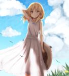  1girl arm_up baram blonde_hair blue_sky clouds dress grass hair_ribbon hat highres moriya_suwako outdoors red_ribbon ribbon sky sleeveless solo standing sundress touhou tress_ribbon yellow_eyes 