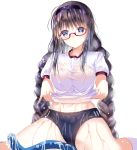  1girl akemi_homura alternate_breast_size black_hair blush braid breasts buruma glasses gorua_(youce01) gym_uniform hairband hose kneehighs large_breasts long_hair mahou_shoujo_madoka_magica no_bra red-framed_glasses see-through semi-rimless_glasses shirt short_sleeves simple_background sitting solo thighs twin_braids under-rim_glasses wariza water wet wet_clothes wet_hair wet_shirt white_background white_legwear 