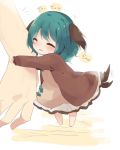  1girl ^_^ animal_ears barefoot closed_eyes commentary_request dog_ears dog_tail kasodani_kyouko long_sleeves open_mouth short_hair solo tail tail_wagging touhou uguisu_mochi_(ykss35) 