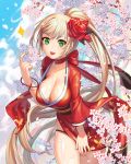  1girl :d absurdres branch breasts cherry_blossoms cleavage clouds collarbone covering covering_crotch doyoom flower green_eyes hair_flower hair_ornament highres japanese_clothes obi open_mouth panties ponytail sash sky smile solo traditional_clothes underwear 