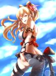  1girl adjusting_clothes adjusting_swimsuit ass bikini blonde_hair bow breasts flower from_behind from_below granblue_fantasy hair_bow hair_flower hair_ornament highres large_breasts long_hair looking_at_viewer looking_back nishimura_nike open_mouth orange_eyes ponytail ribbon smile solo swimsuit vira water wet wind 