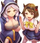  2girls blush breasts brown_eyes brown_hair doraf dress granblue_fantasy hair_bobbles hair_ornament hairband hood horns kumuyu kurione_(zassou) large_breasts long_hair long_sleeves looking_at_viewer low_twintails multiple_girls open_mouth short_hair silver_hair smile tears thigh-highs twintails white_legwear wide_sleeves yaia_(granblue_fantasy) 
