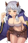  blush breasts brown_eyes cleavage doraf granblue_fantasy hood horns jacket kumuyu kurione_(zassou) large_breasts long_hair long_sleeves looking_at_viewer low_twintails midriff open_clothes open_jacket shorts silver_hair tears trembling twintails wide_sleeves 