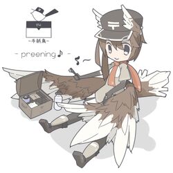  1girl bird_tail box brown_hair elbow_gloves gloves grey_eyes hat head_wings ibis1 original preening scarf short_hair short_hair_with_long_locks sitting solo wings 