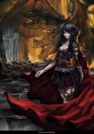  absurdres armor asymmetrical_clothes baka_(mh6516620) black_hair breasts cape cleavage dragon highres horns long_hair looking_at_viewer miniskirt orange_eyes skirt standing 