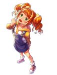 1girl :d blush green_eyes highres hood hoodie idolmaster looking_at_viewer noixen open_mouth orange_hair overalls shoes simple_background smile sneakers solo takatsuki_yayoi teeth twintails white_background 