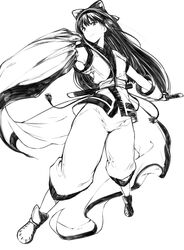  1girl bangs black_hair blue_eyes blunt_bangs boots bow cloak closed_mouth full_body gloves hai_ookami hair_bow highres holding holding_sword holding_weapon long_hair looking_at_viewer nakoruru pants red_bow samurai_spirits scabbard sheath short_sword simple_background sketch smile solo spot_color sword unsheathed weapon white_background 