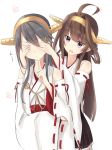  ahoge bangs bare_shoulders closed_mouth covering_eyes detached_sleeves eyebrows eyebrows_visible_through_hair finger_to_chin flower hair_ornament hairclip haruna_(kantai_collection) headgear index_finger_raised kantai_collection kongou_(kantai_collection) long_hair looking_at_another nontraditional_miko open_mouth sidelocks simple_background violet_eyes white_background wide_sleeves yuki_(yukin0128) 