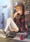  1boy 1girl animal_ears bag brown_hair business_suit candy cat_ears cat_tail highres hood hooded_jacket jacket limobok lollipop looking_at_viewer original red_eyes shoes shorts sitting sneakers tail thigh-highs tongue tongue_out traffic_light white_legwear 