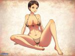  bikini breasts brown_hair curie_(fallout_4) highres large_breasts short_hair sitting swimsuit 