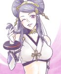  1girl bracelet earrings fire_emblem fire_emblem_if hair_ornament hair_stick hairpods jewelry long_hair midriff one_eye_closed orochi_(fire_emblem_if) purple_hair shirokuro0501 solo teeth violet_eyes 