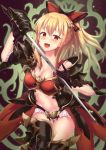  1girl black_gloves blonde_hair blush bow breasts cleavage empty_eyes gloves granblue_fantasy hair_bow hair_ornament large_breasts long_hair looking_at_viewer navel open_mouth ponytail red_eyes shinovi smile solo sword vira weapon 