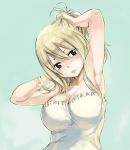  1girl adjusting_hair armpits arms_up blonde_hair blush breasts cleavage fairy_tail large_breasts long_hair lucy_heartfilia mashima_hiro official_art parted_lips simple_background solo tying_hair waifu2x 
