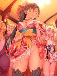  4girls alcohol ass black_hair blonde_hair blue_eyes breasts center_opening cleavage closed_eyes covered_nipples cup dark_skin dress drinking_glass earrings flower hair_flower hair_ornament indoors jewelry large_breasts long_hair multiple_girls navel off_shoulder open_mouth panties smile thigh-highs tiara underwear valhalla_valkyries watermark white_panties wine wine_glass zasha 