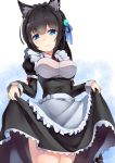  1girl black_hair blue_background blue_eyes breasts cowboy_shot hair_ornament long_sleeves looking_at_viewer maid ponytail puffy_long_sleeves puffy_sleeves ribbon signature skirt skirt_lift smile solo toyozero white_background 