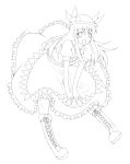  1girl :3 :d boots cross-laced_footwear daigorou food fruit full_body hat highres hinanawi_tenshi knee_boots lace-up_boots leaning_forward lineart long_hair looking_at_viewer monochrome open_mouth peach simple_background skirt smile solo touhou v_arms 