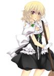  1girl :o black_dress blonde_hair bow broom cowboy_shot curiosities_of_lotus_asia dress gloves hat hat_bow highres holding_broom kirisame_marisa looking_at_viewer no_hat puffy_short_sleeves puffy_sleeves rimu_(kingyo_origin) short_hair short_sleeves solo touhou white_background white_gloves yellow_eyes 